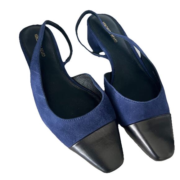 VERONICA BEARD CECILE BLUE BLACK LEATHER SUEDE LOW HEEL SLING SIZE 7.5 - Picture 1 of 5